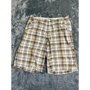 Plaid Khaki Blue Brown Ludigo Mens Shorts Size 38 Cotton Blend Pockets